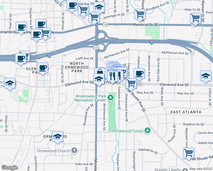 map of restaurants, bars, coffee shops, grocery stores, and more near 536 Brownwood Avenue Southeast in Atlanta