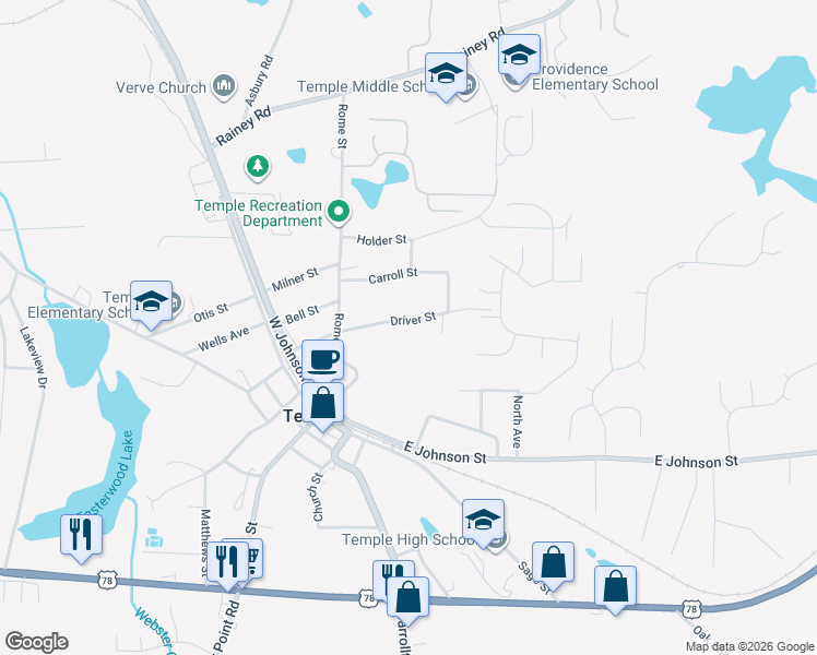 map of restaurants, bars, coffee shops, grocery stores, and more near 79 Driver Street in Temple