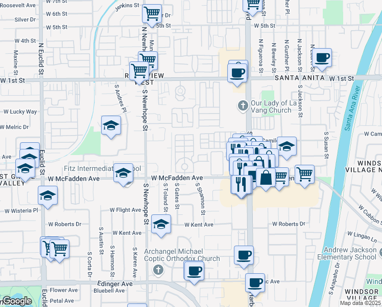 map of restaurants, bars, coffee shops, grocery stores, and more near 4117 West McFadden Avenue in Santa Ana