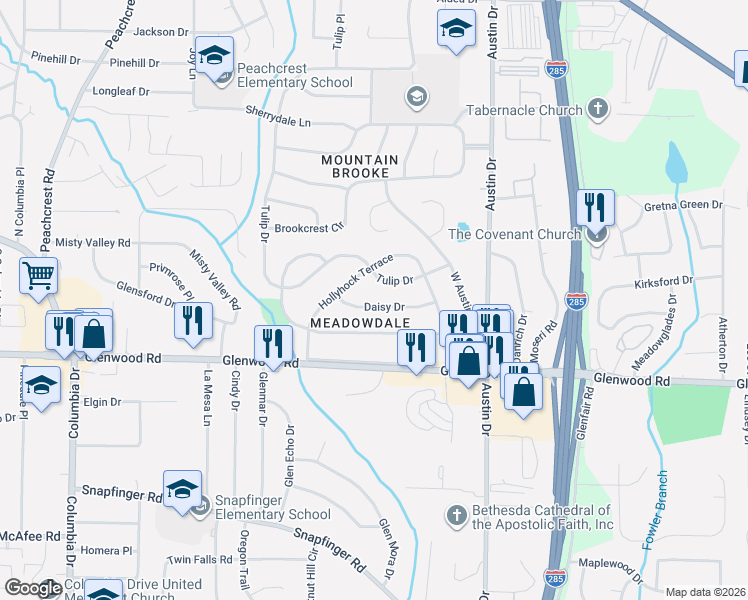 map of restaurants, bars, coffee shops, grocery stores, and more near 3701 Daisy Drive in Decatur