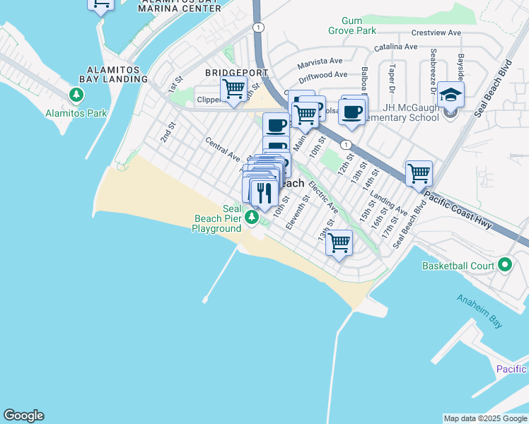 map of restaurants, bars, coffee shops, grocery stores, and more near 905 Ocean Avenue in Seal Beach