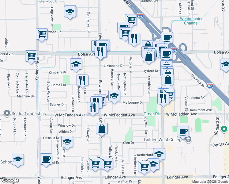 map of restaurants, bars, coffee shops, grocery stores, and more near 15312 Hanover Lane in Huntington Beach