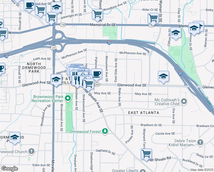 map of restaurants, bars, coffee shops, grocery stores, and more near 1411 Glenwood Avenue Southeast in Atlanta