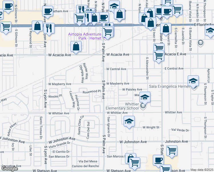 map of restaurants, bars, coffee shops, grocery stores, and more near 851 West Mayberry Avenue in Hemet