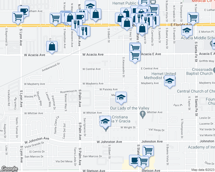 map of restaurants, bars, coffee shops, grocery stores, and more near 511 South Gilbert Street in Hemet