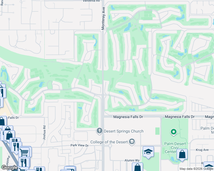 map of restaurants, bars, coffee shops, grocery stores, and more near 114 Giralda Circle in Palm Desert