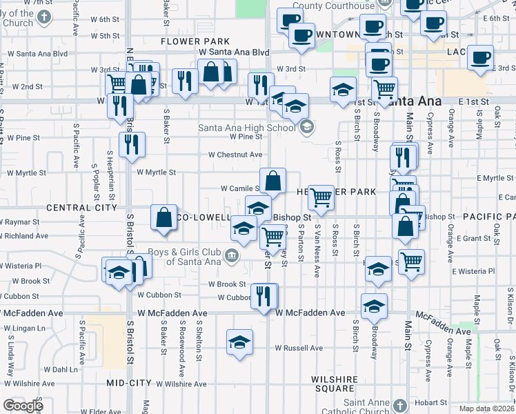 map of restaurants, bars, coffee shops, grocery stores, and more near 913 West Bishop Street in Santa Ana