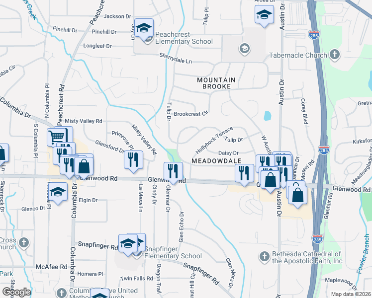map of restaurants, bars, coffee shops, grocery stores, and more near 3569 Larkspur Terrace in Decatur