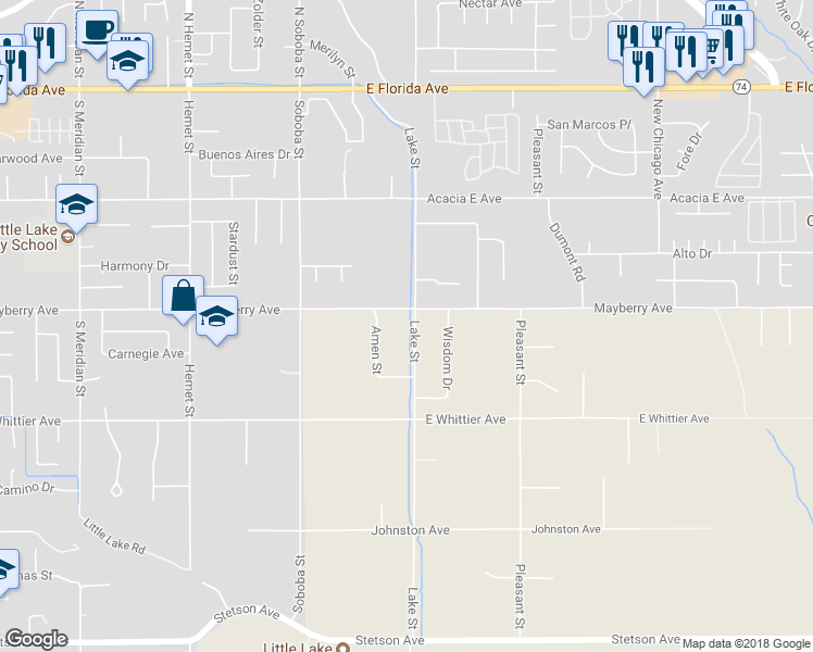 map of restaurants, bars, coffee shops, grocery stores, and more near 26265 Lake Street in Hemet