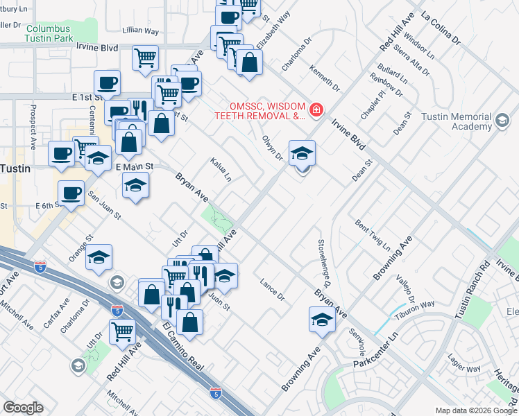 map of restaurants, bars, coffee shops, grocery stores, and more near 13381 Epping Way in Tustin