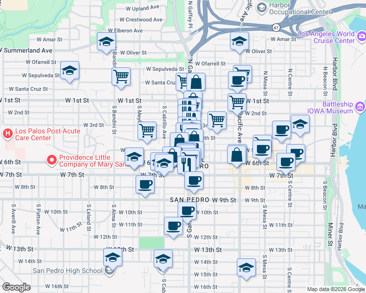 map of restaurants, bars, coffee shops, grocery stores, and more near 730 West 5th Street in Los Angeles