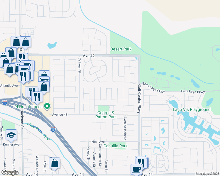 map of restaurants, bars, coffee shops, grocery stores, and more near 83740 Durazo Lane in Indio