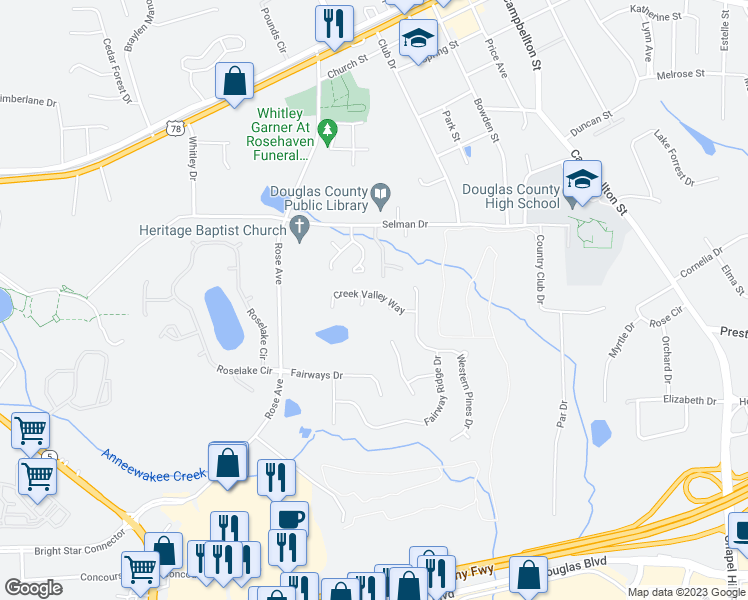 map of restaurants, bars, coffee shops, grocery stores, and more near 6752 Creek Valley Way in Douglasville