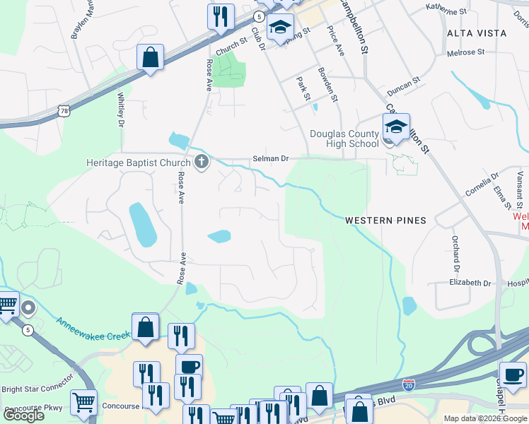 map of restaurants, bars, coffee shops, grocery stores, and more near 6747 Creek Valley Way in Douglasville