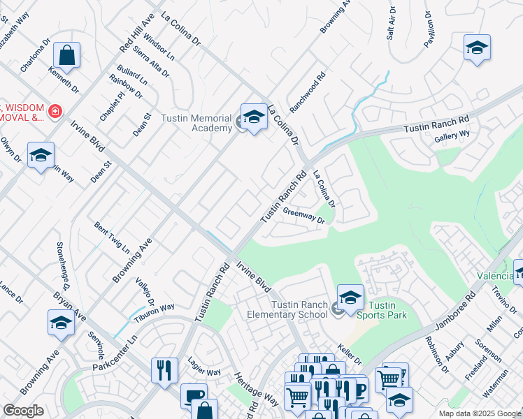 map of restaurants, bars, coffee shops, grocery stores, and more near 12800 Stevens Drive in Tustin