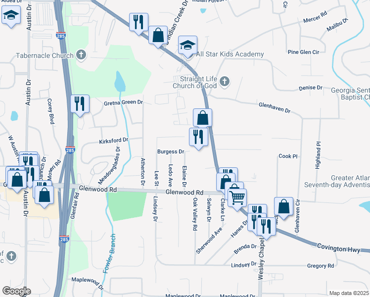 map of restaurants, bars, coffee shops, grocery stores, and more near 4134 Burgess Drive in Decatur