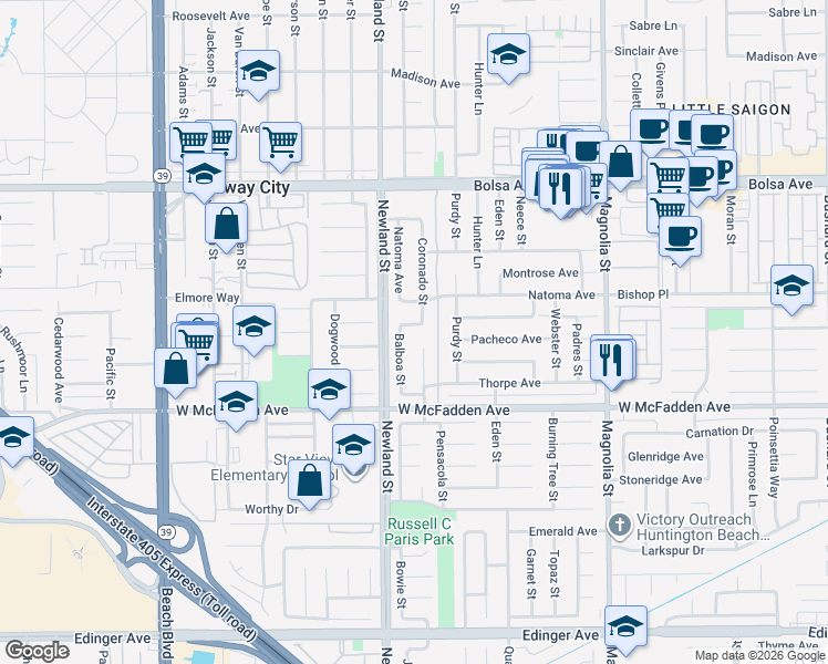 map of restaurants, bars, coffee shops, grocery stores, and more near 15361 Nantucket Street in Westminster