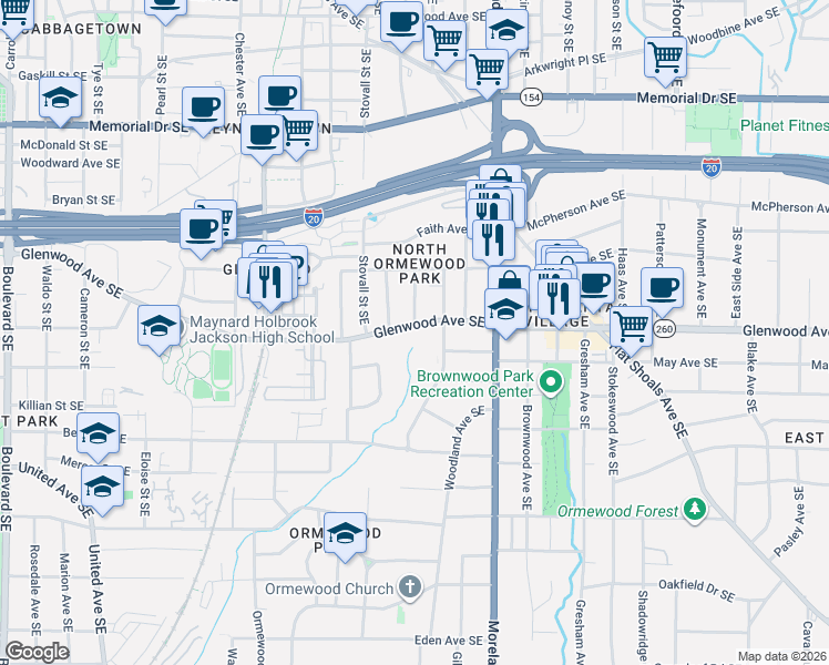 map of restaurants, bars, coffee shops, grocery stores, and more near 1061 Glenwood Avenue Southeast in Atlanta
