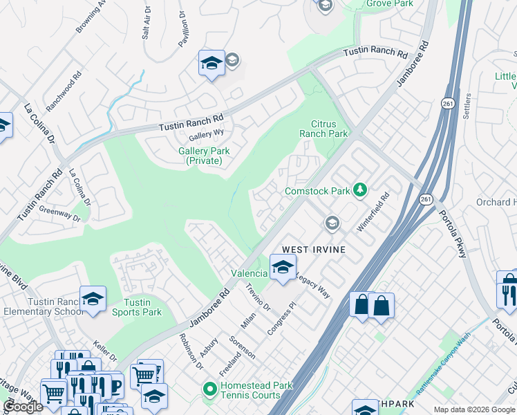 map of restaurants, bars, coffee shops, grocery stores, and more near 2960 Champion Way in Tustin