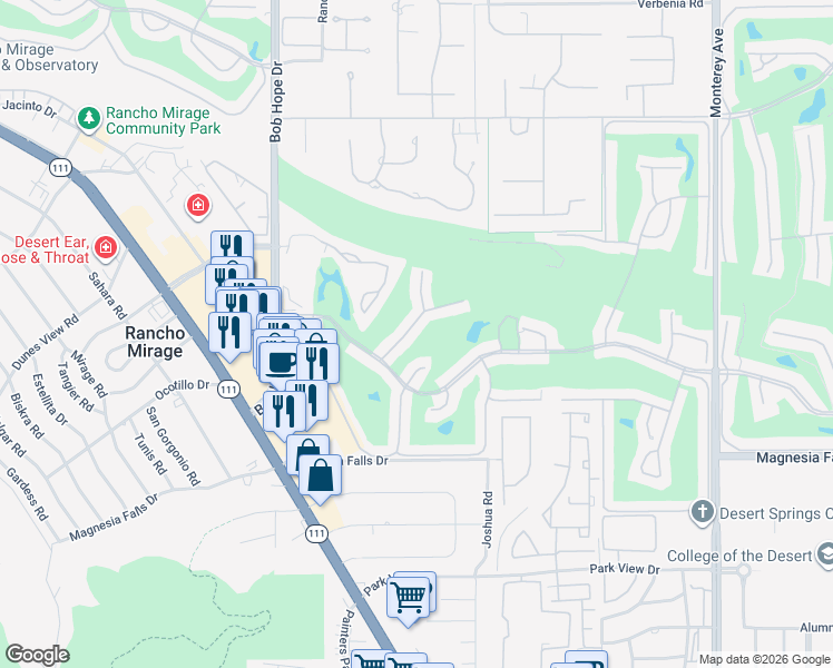 map of restaurants, bars, coffee shops, grocery stores, and more near 29 Barcelona Drive in Rancho Mirage