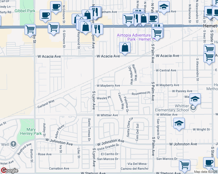 map of restaurants, bars, coffee shops, grocery stores, and more near 1401 Teakwood Place in Hemet