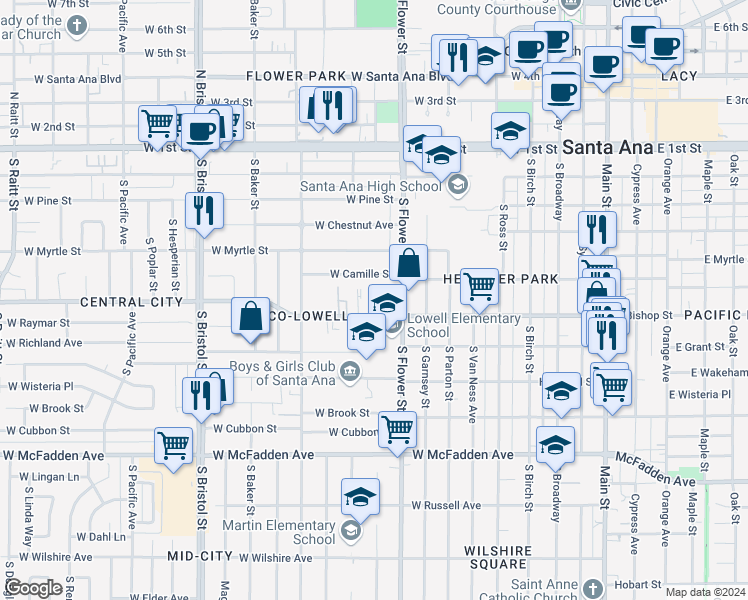 map of restaurants, bars, coffee shops, grocery stores, and more near 921 West Bishop Street in Santa Ana