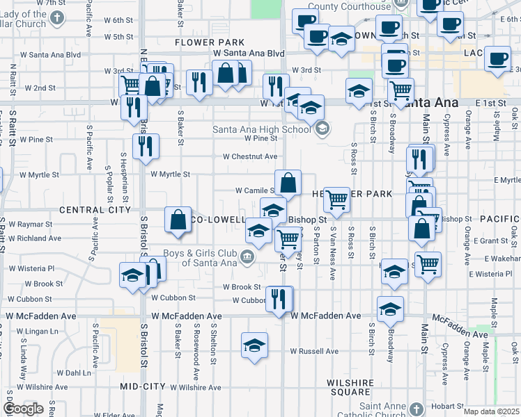 map of restaurants, bars, coffee shops, grocery stores, and more near 921 West Bishop Street in Santa Ana