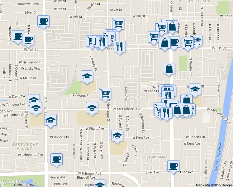 map of restaurants, bars, coffee shops, grocery stores, and more near 611 South Newhope Street in Santa Ana