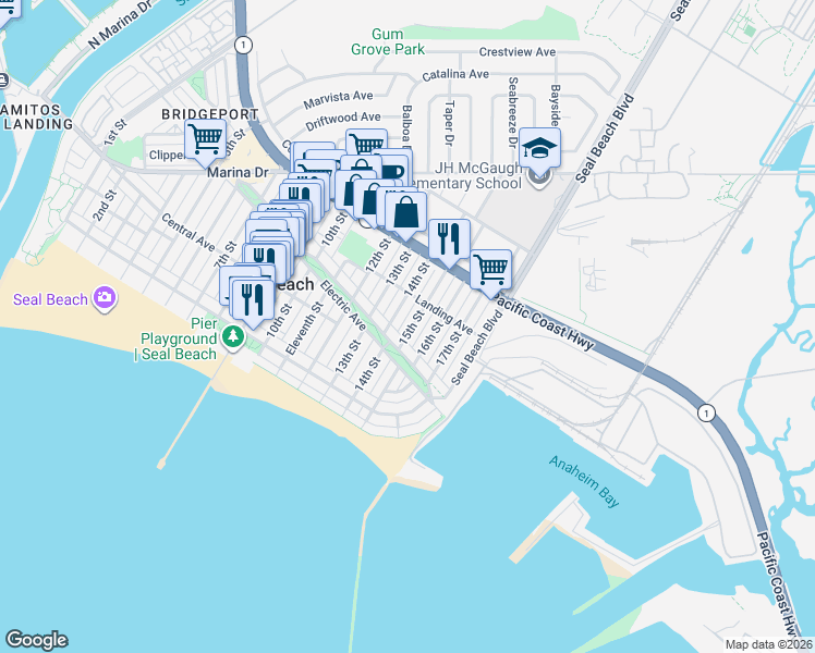 map of restaurants, bars, coffee shops, grocery stores, and more near 202 15th Street in Seal Beach