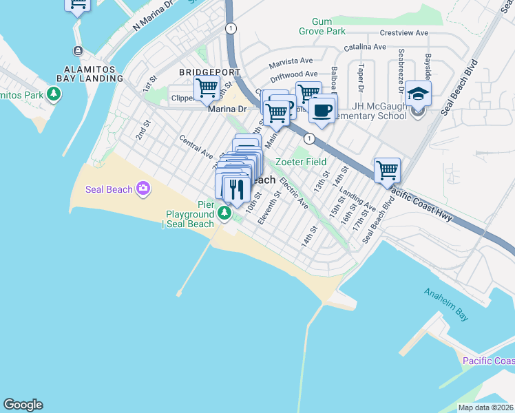 map of restaurants, bars, coffee shops, grocery stores, and more near 111 Eleventh Street in Seal Beach