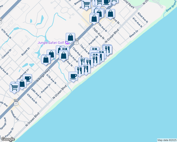 map of restaurants, bars, coffee shops, grocery stores, and more near 7050 North Ocean Boulevard in Myrtle Beach