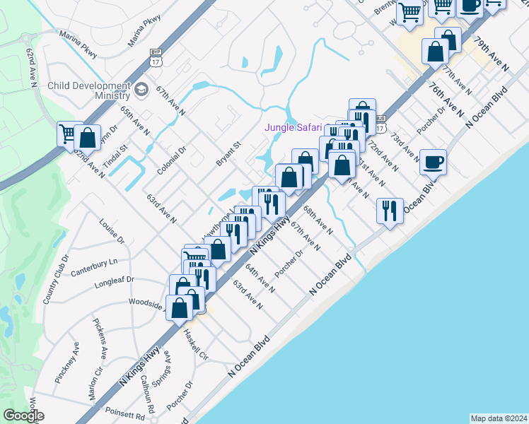 map of restaurants, bars, coffee shops, grocery stores, and more near 6617 North Kings Highway in Myrtle Beach