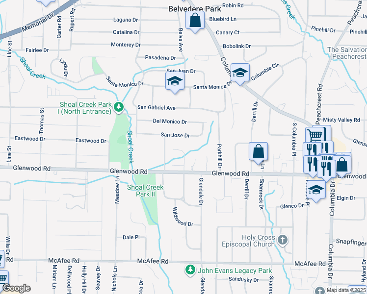 map of restaurants, bars, coffee shops, grocery stores, and more near 1841 Shoal Creek Boulevard in Decatur