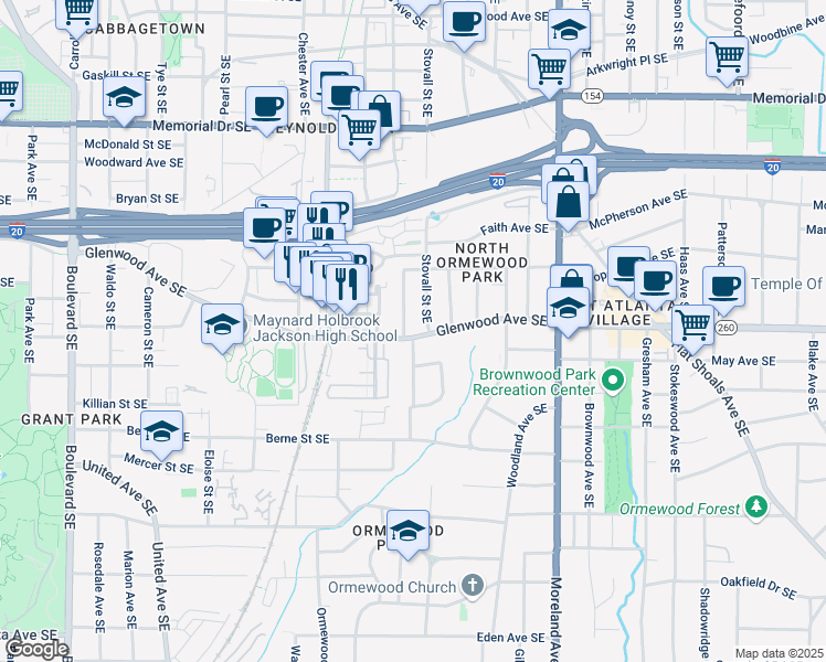 map of restaurants, bars, coffee shops, grocery stores, and more near 985 Glenwood Avenue Southeast in Atlanta