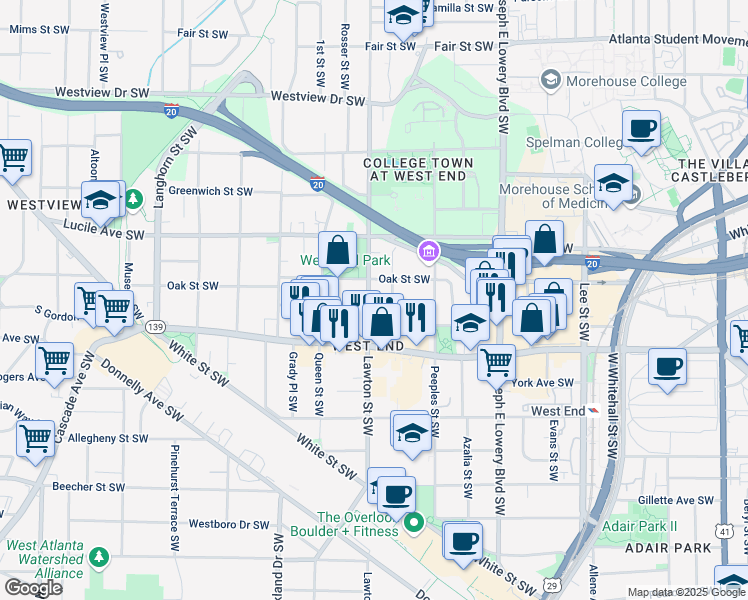 map of restaurants, bars, coffee shops, grocery stores, and more near 554 Lawton Street Southwest in Atlanta