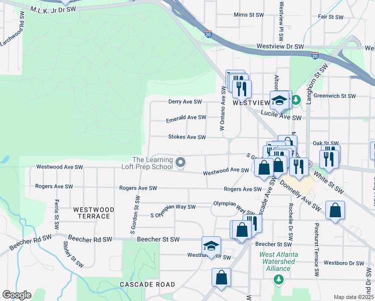 map of restaurants, bars, coffee shops, grocery stores, and more near 1677 South Gordon Street Southwest in Atlanta