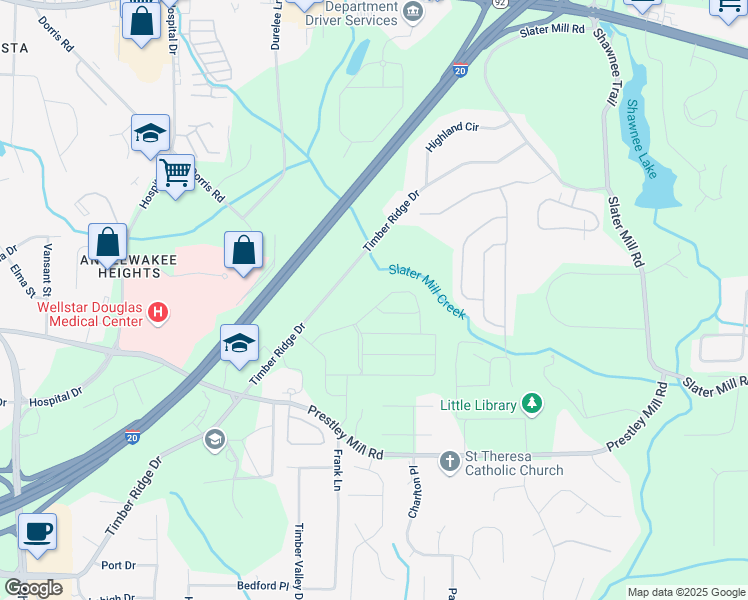 map of restaurants, bars, coffee shops, grocery stores, and more near 2483 Cotton Lane in Douglasville
