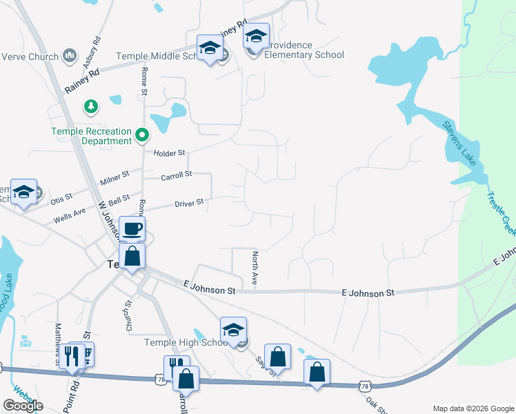 map of restaurants, bars, coffee shops, grocery stores, and more near 126 Creek Crossing Lane in Temple