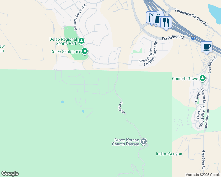 map of restaurants, bars, coffee shops, grocery stores, and more near 11985 Indian Truck Trail in Corona