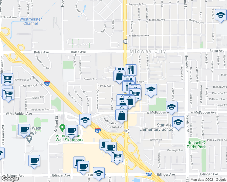 map of restaurants, bars, coffee shops, grocery stores, and more near 15322 Pacific Street in Midway City
