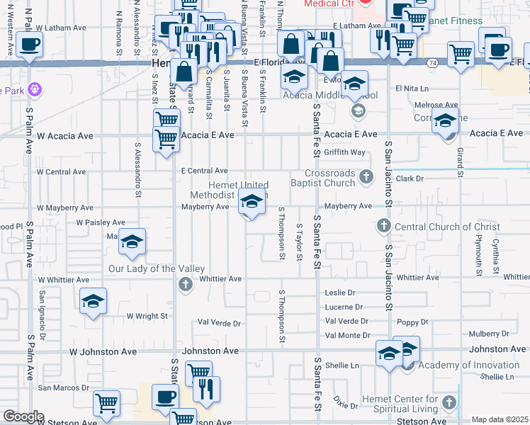 map of restaurants, bars, coffee shops, grocery stores, and more near 600 Mayberry Avenue in Hemet