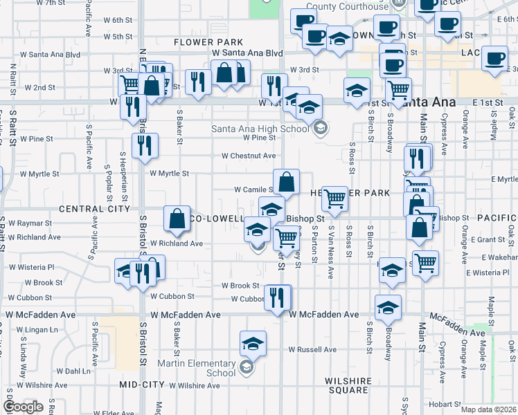 map of restaurants, bars, coffee shops, grocery stores, and more near 935 West Bishop Street in Santa Ana