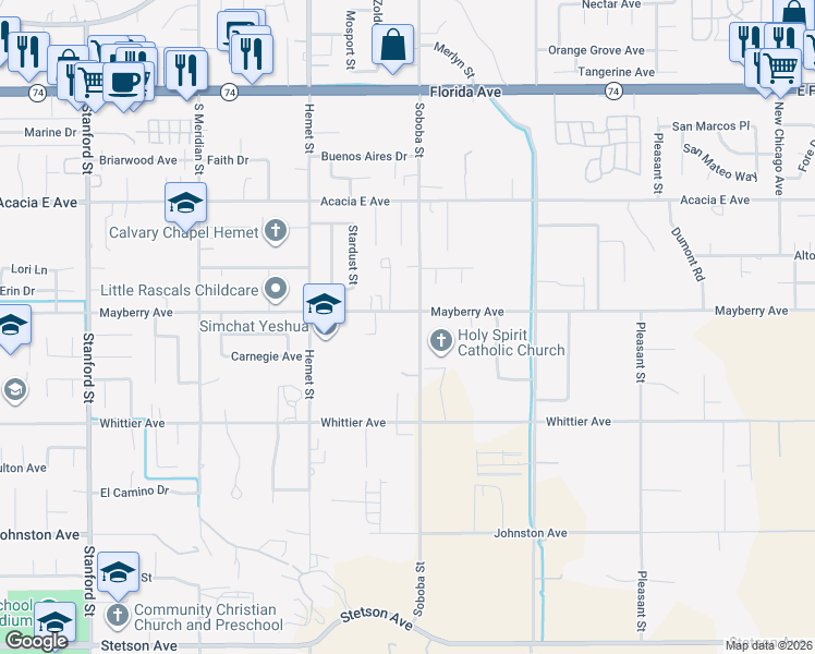 map of restaurants, bars, coffee shops, grocery stores, and more near 26301 Soboba Street in Hemet