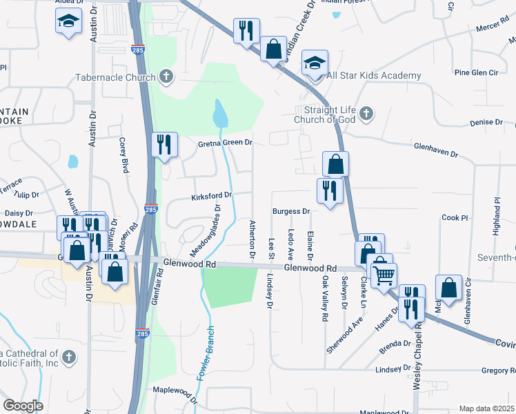 map of restaurants, bars, coffee shops, grocery stores, and more near 1752 Atherton Drive in Decatur