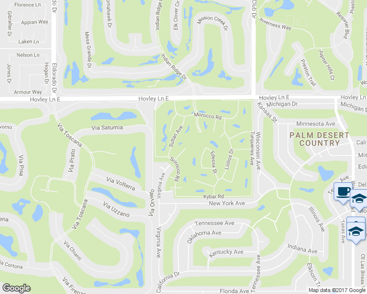 map of restaurants, bars, coffee shops, grocery stores, and more near 42501 Virginia Avenue in Palm Desert
