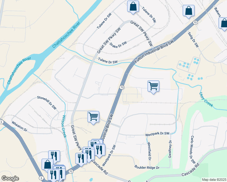 map of restaurants, bars, coffee shops, grocery stores, and more near 5220 Bucknell Drive Southwest in Atlanta