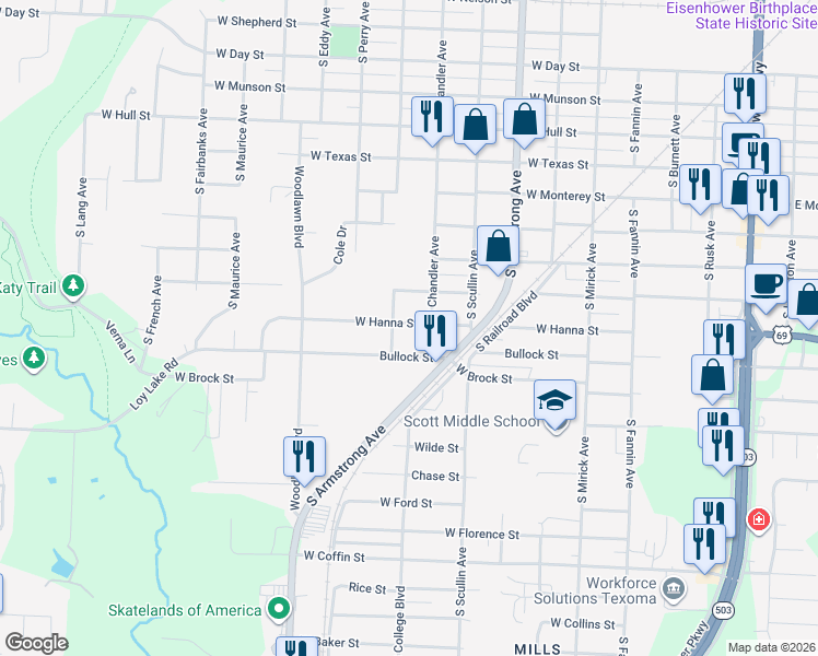 map of restaurants, bars, coffee shops, grocery stores, and more near 1005 Bullock Street in Denison