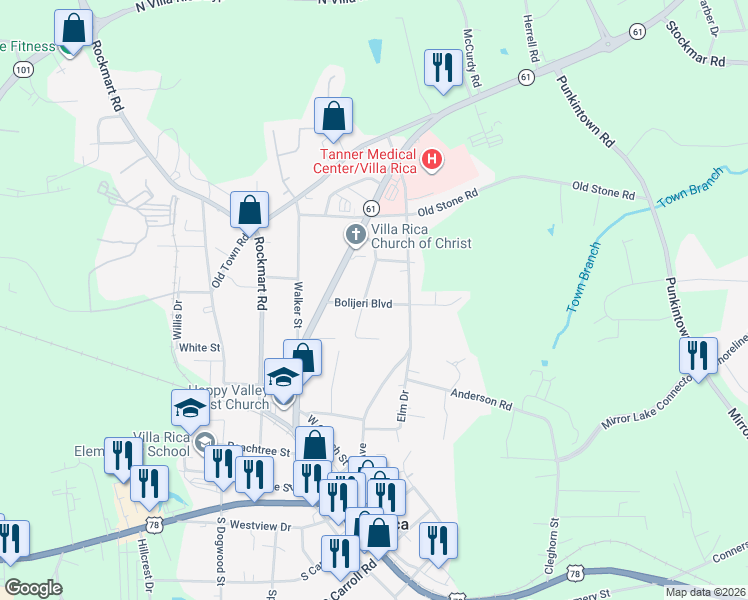 map of restaurants, bars, coffee shops, grocery stores, and more near 418 Bolijeri Boulevard in Villa Rica
