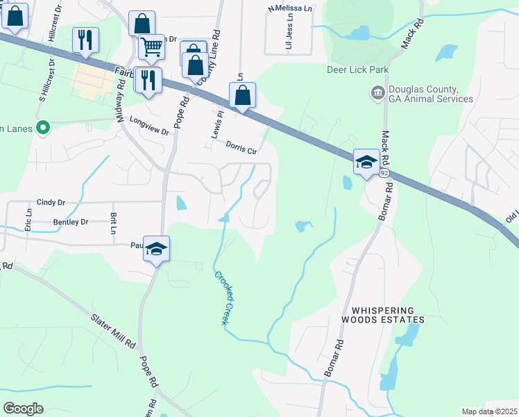 map of restaurants, bars, coffee shops, grocery stores, and more near 3302 Willow Meadow Lane in Douglasville