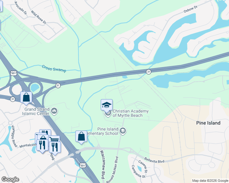 map of restaurants, bars, coffee shops, grocery stores, and more near 1009 Mistletoe Court in Myrtle Beach